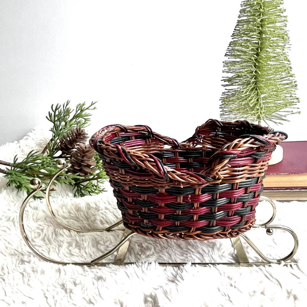 VTG Wicker Sleigh Gold Tone Metal Runners Scroll Natural Red Black Basket